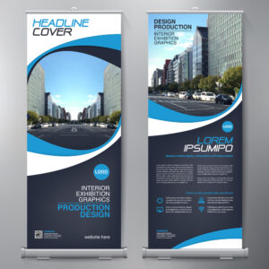 A large blue and white Large Roll-Up Banner design.