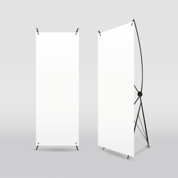 Two white banners displayed on an X-Stand against a gray background.