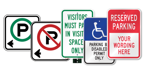 A collection of Parking/Metal Signs on a white background.